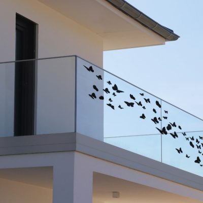 Garde-corps-balcon-hauteur-extérieur-verre-imprimé-motif-papillon-Miroiteries-Dubrulle