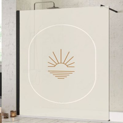 Paroi-de-douche-salle-de-bain-verre-imprimé-motif-soleil-logo-Miroiteries-Dubrulle