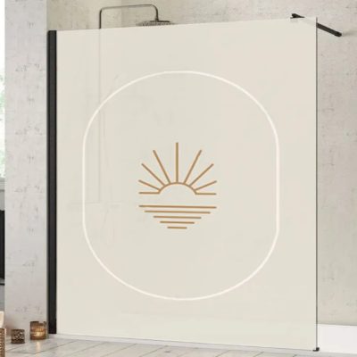 Paroi-de-douche-salle-de-bain-verre-imprimé-motif-soleil-logo-Miroiteries-Dubrulle